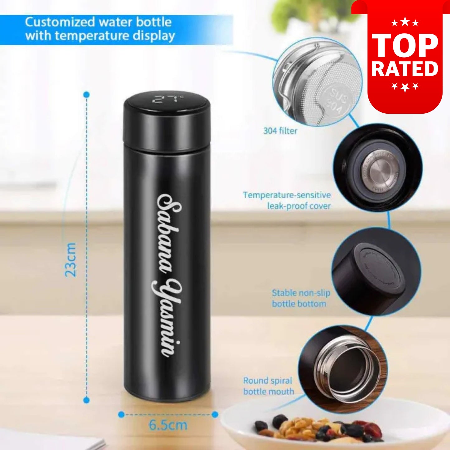 500ml Personalized Smart Steel Bottle β Hot & Cold Thermos with LED Cap