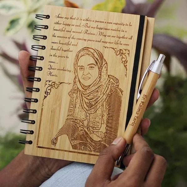 Personalized Wooden Diary with Pen – Engrave Your Name, Image, or Message | Custom Gift Set